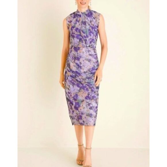 NEW Chico's Ruched Mesh Floral Water Color Paint Print Midi Dress- Sz. 1 - Picture 9 of 9
